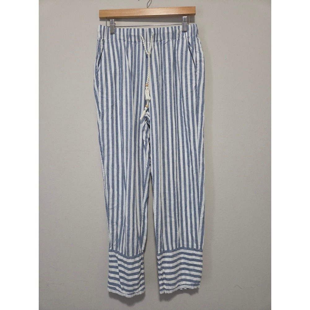 Faherty Blue White Striped Linen Blend Drawstring Pants Women Medium
